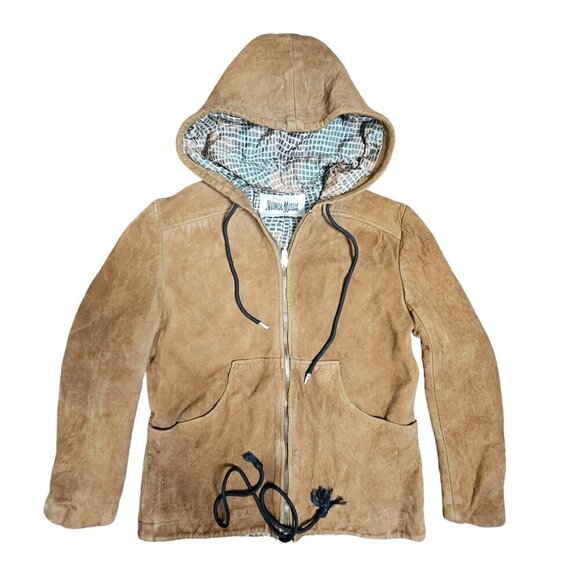 Neiman Marcus Suede Leather‎ Full Zip Hoodie Jacket Lined Womens 36 Brown - Picture 1 of 11